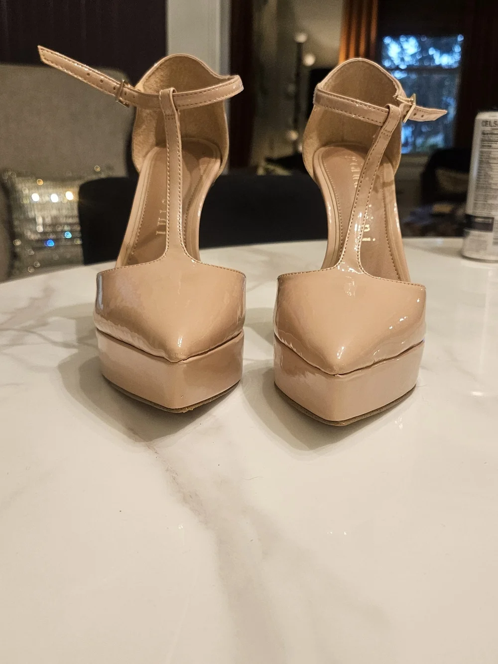 Gianni Bini Patent Nude T-Strap Platform Pumps